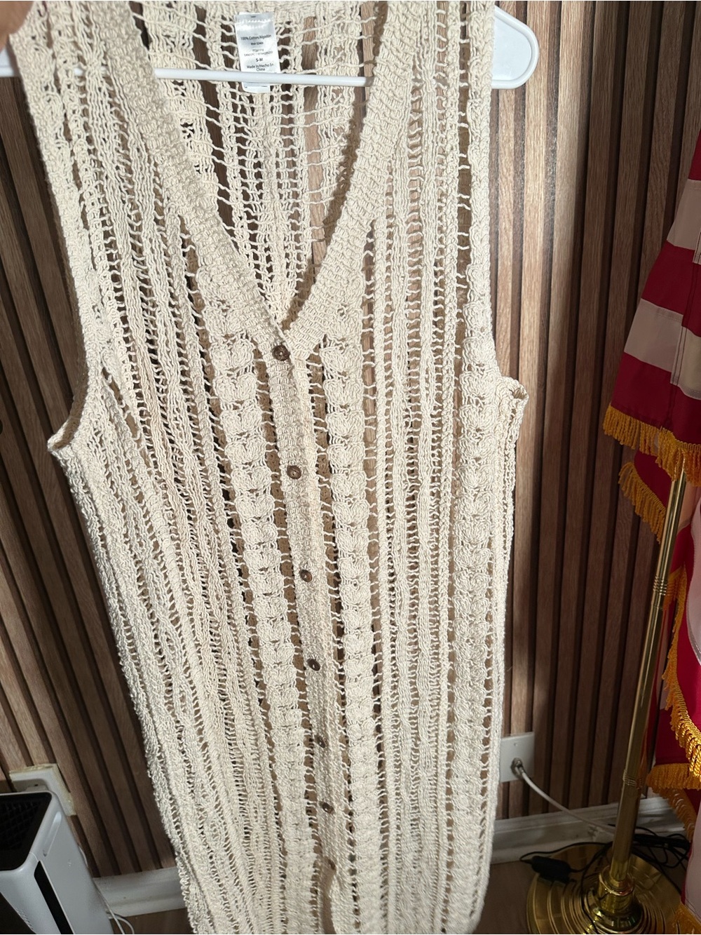 Crochet Button-Front Swim Cover-Up Vest in Cream